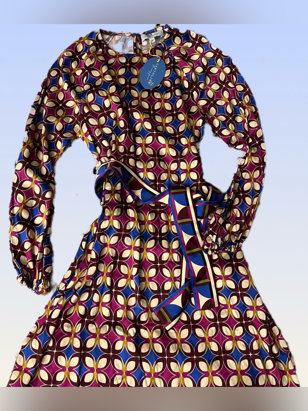 Cartolina, Multicolor Geometric Floral Belted Dress - Burgundy, Blue, Gold
